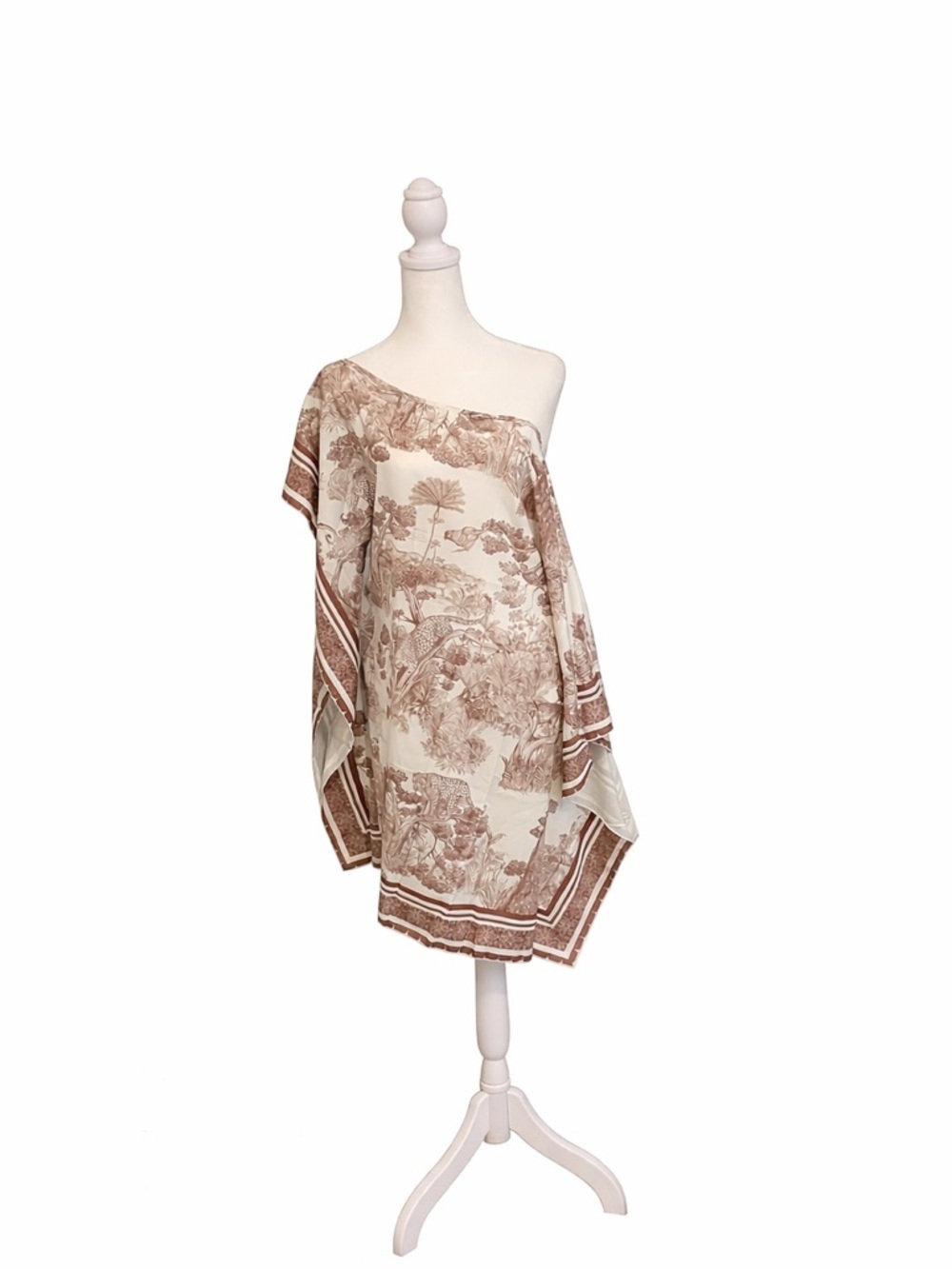 One-Shoulder Cream & Brown Printed Tunic